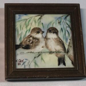 Sparrows Print on Porcelain by Nancy Gan Vintage Wooden Frame 5x5”